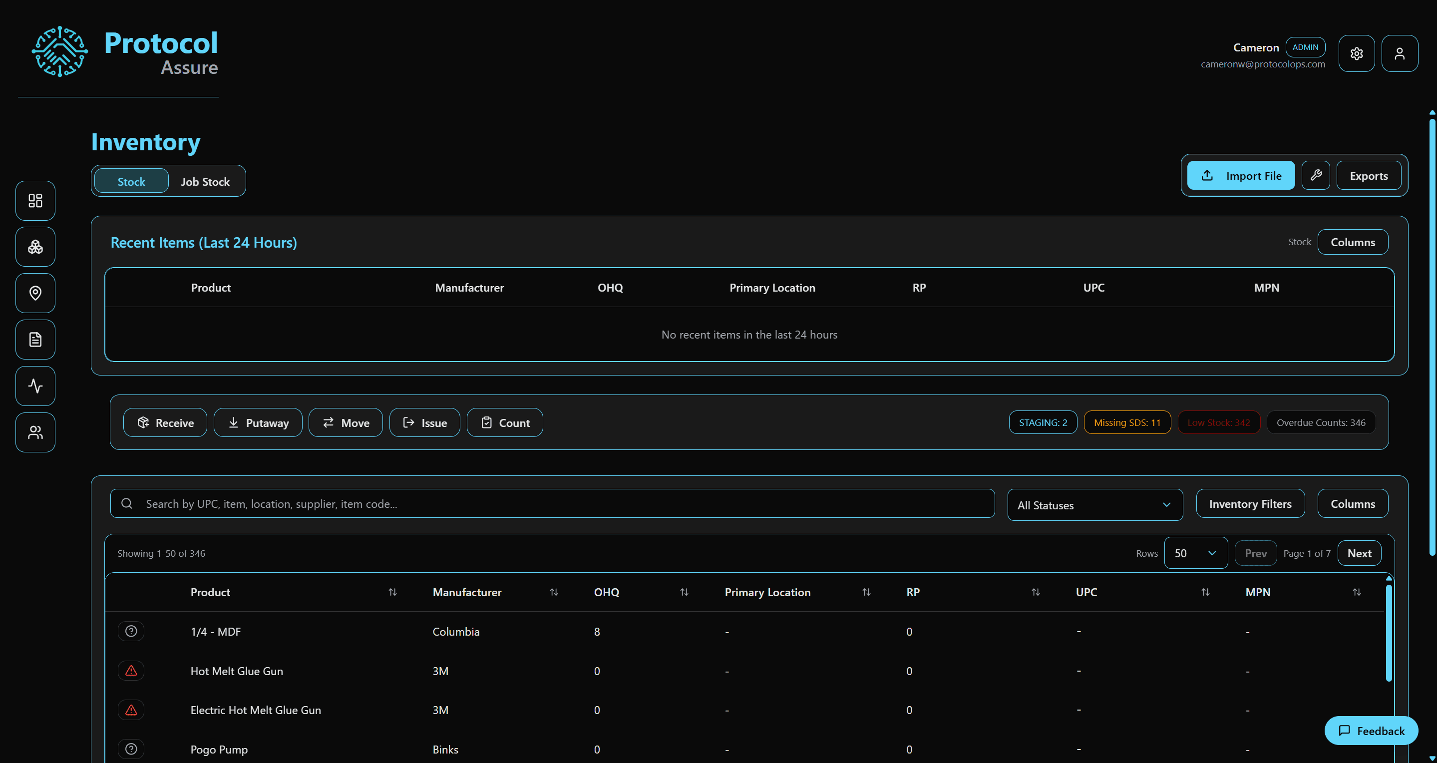 Inventory workflows: receive, move, issue, count